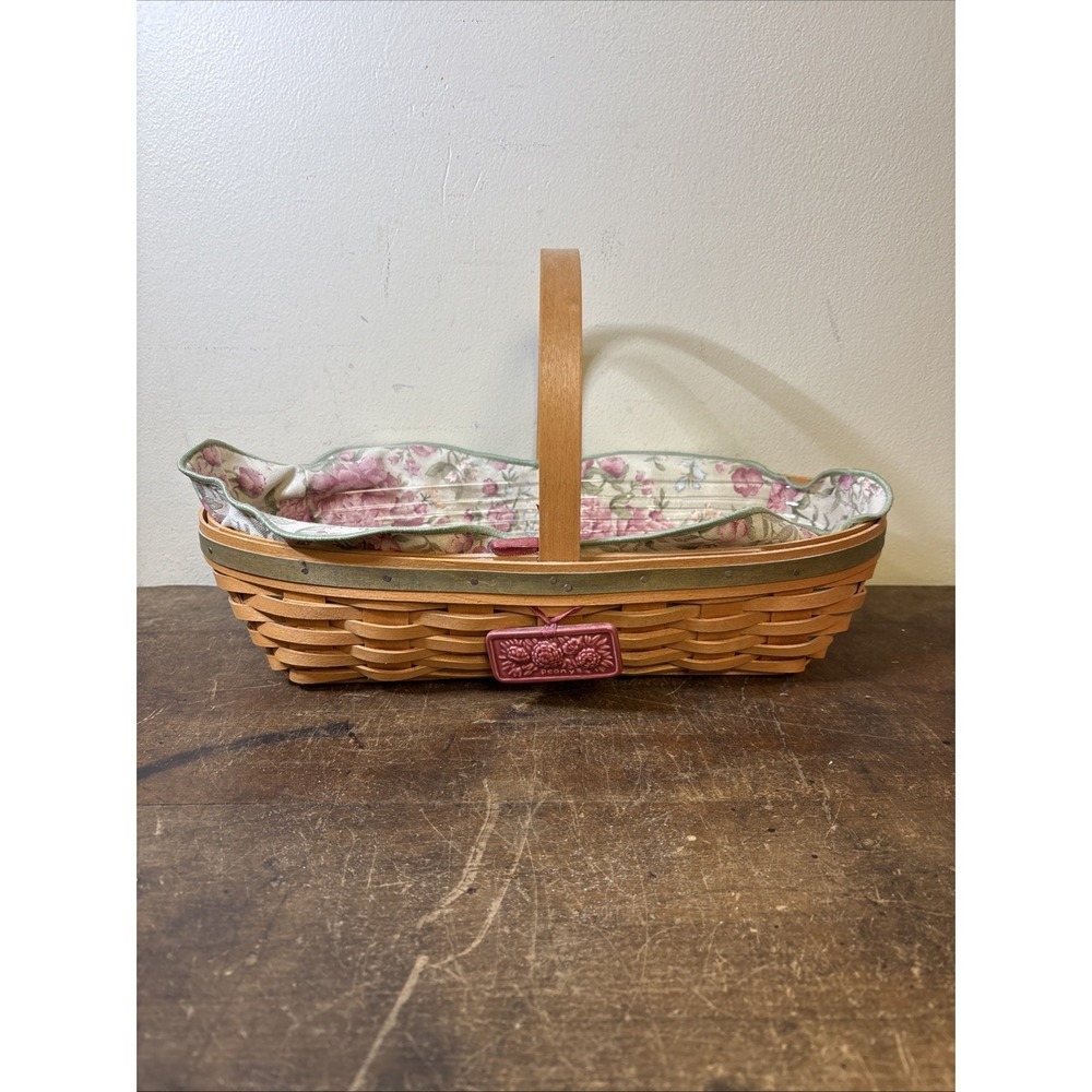 Longaberger 2001 May Series Peony Basket w Fabric Liner Plastic Protector Tie On